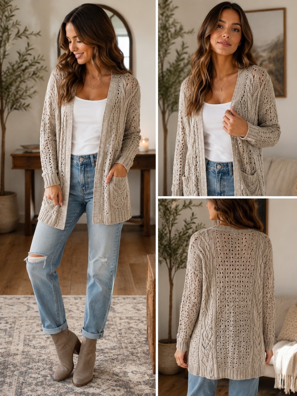 Decree Lightweight Open-Knit Beige Pocket Cardigan